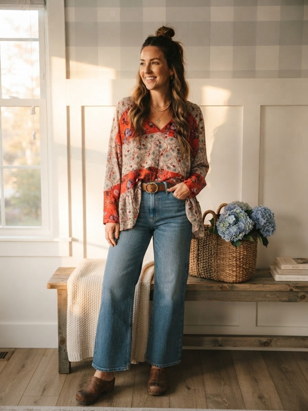 Free People Red and Cream Paisley V-Neck Blouse